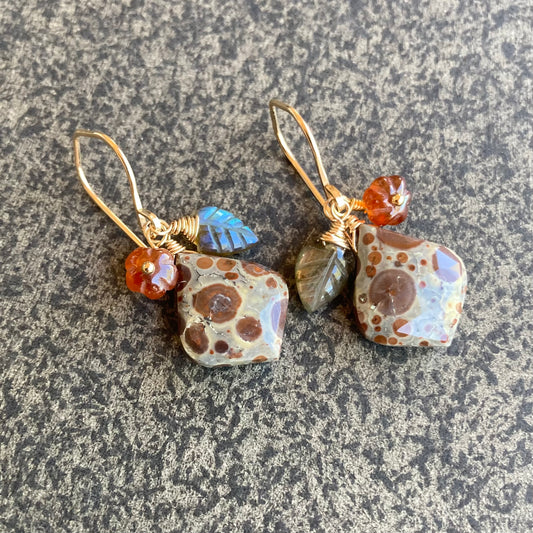 Asteroid Jasper, Hessonite, Labradorite & Gold Garden Charm Earrings