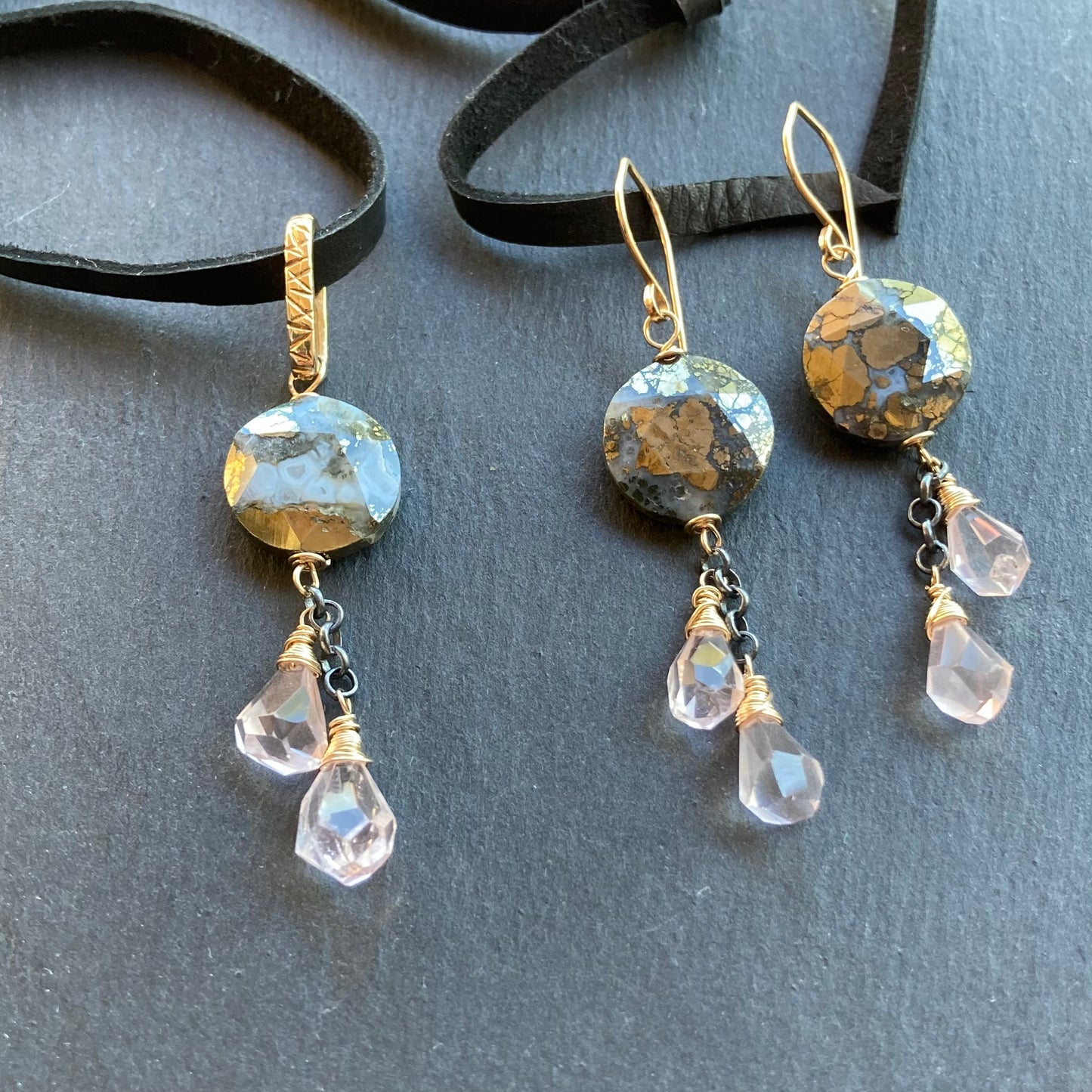 Nipomo Marcasite in Agate, Rose Quartz & Mixed Metal Deertan Leather Choker