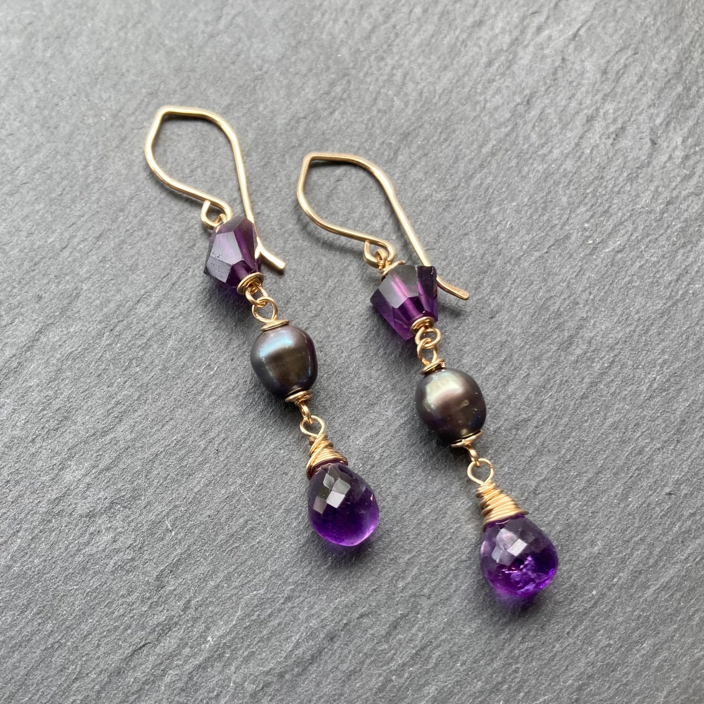 Amethyst, Peacock Pearl & Gold Earrings