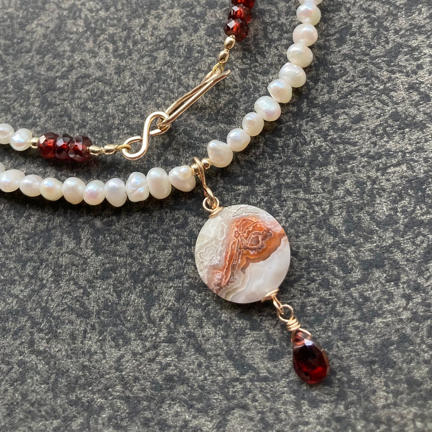 Crazy Lace Agate, Mozambique Garnet & Freshwater Pearl Necklace