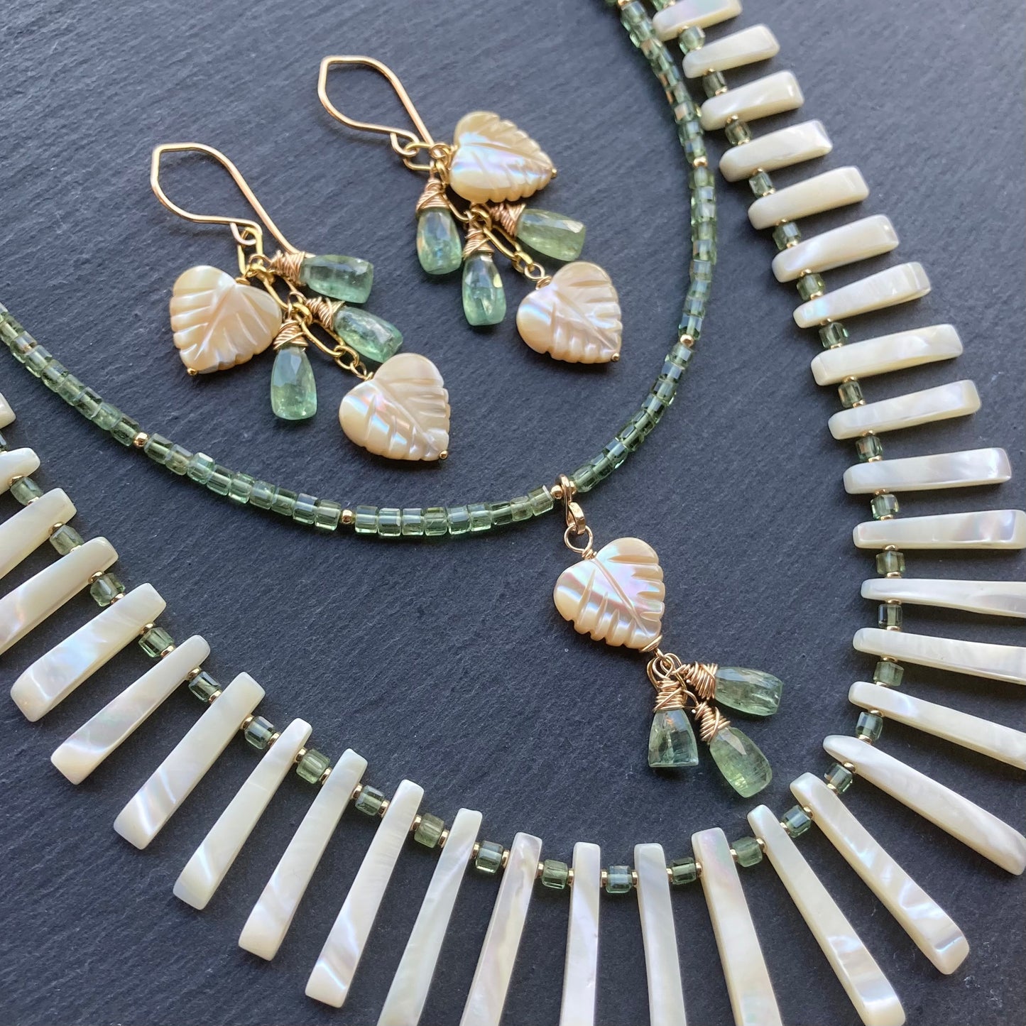 Mother of Pearl, Green Kyanite & Gold Palm Heart Earrings