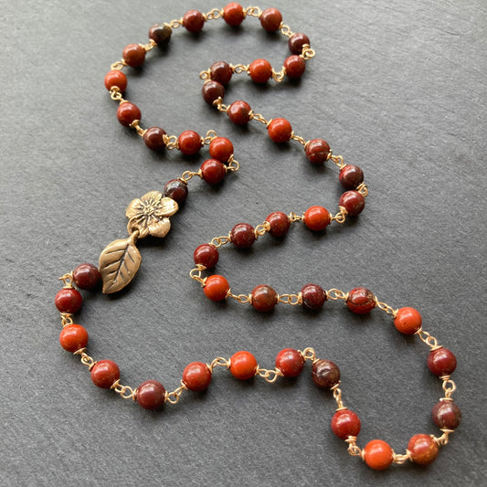 Red Jasper, Gold & Bronze Floral Clasp Necklace