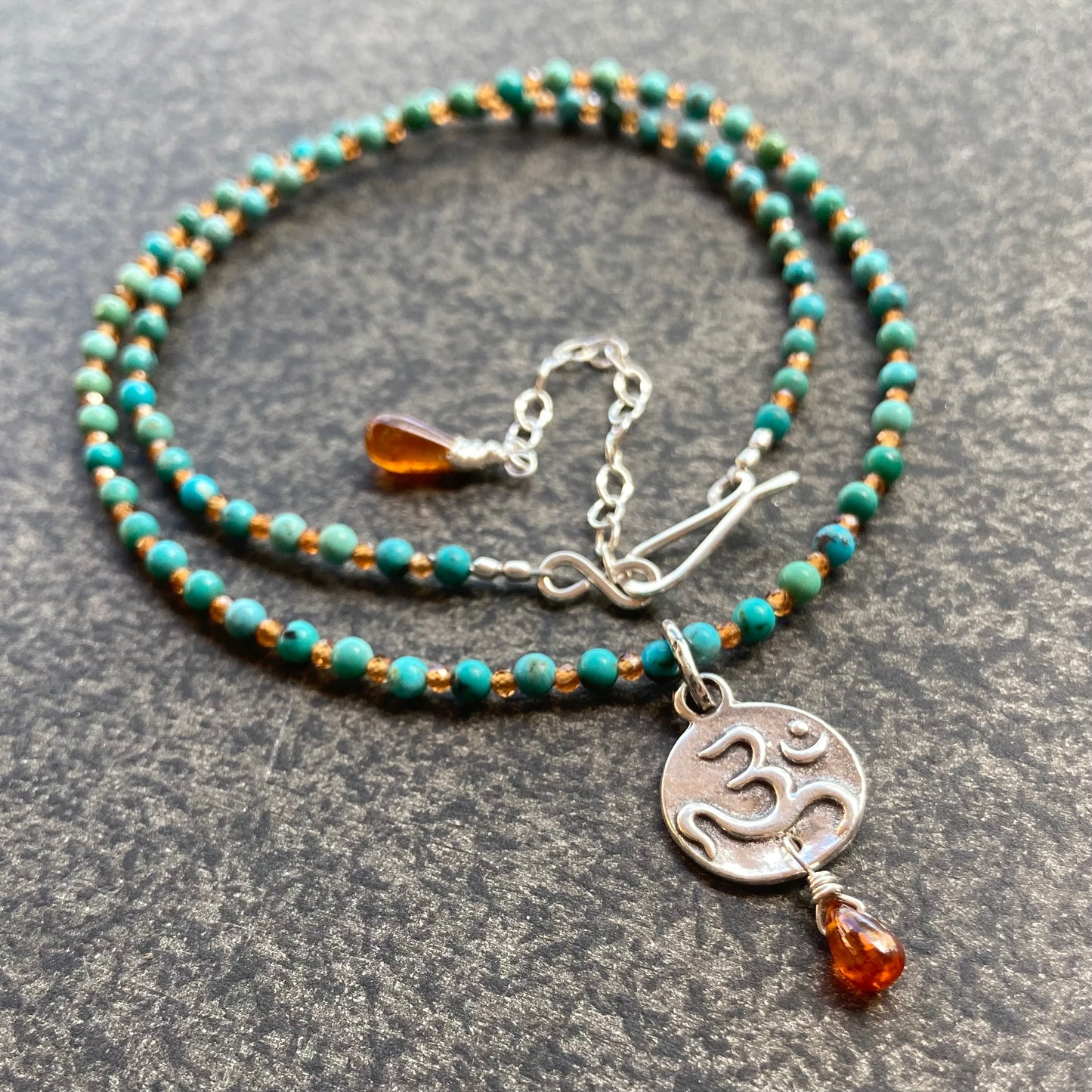 Hubei Turquoise, Hessonite Garnet & Sterling Silver Om Coin Pendant Necklace