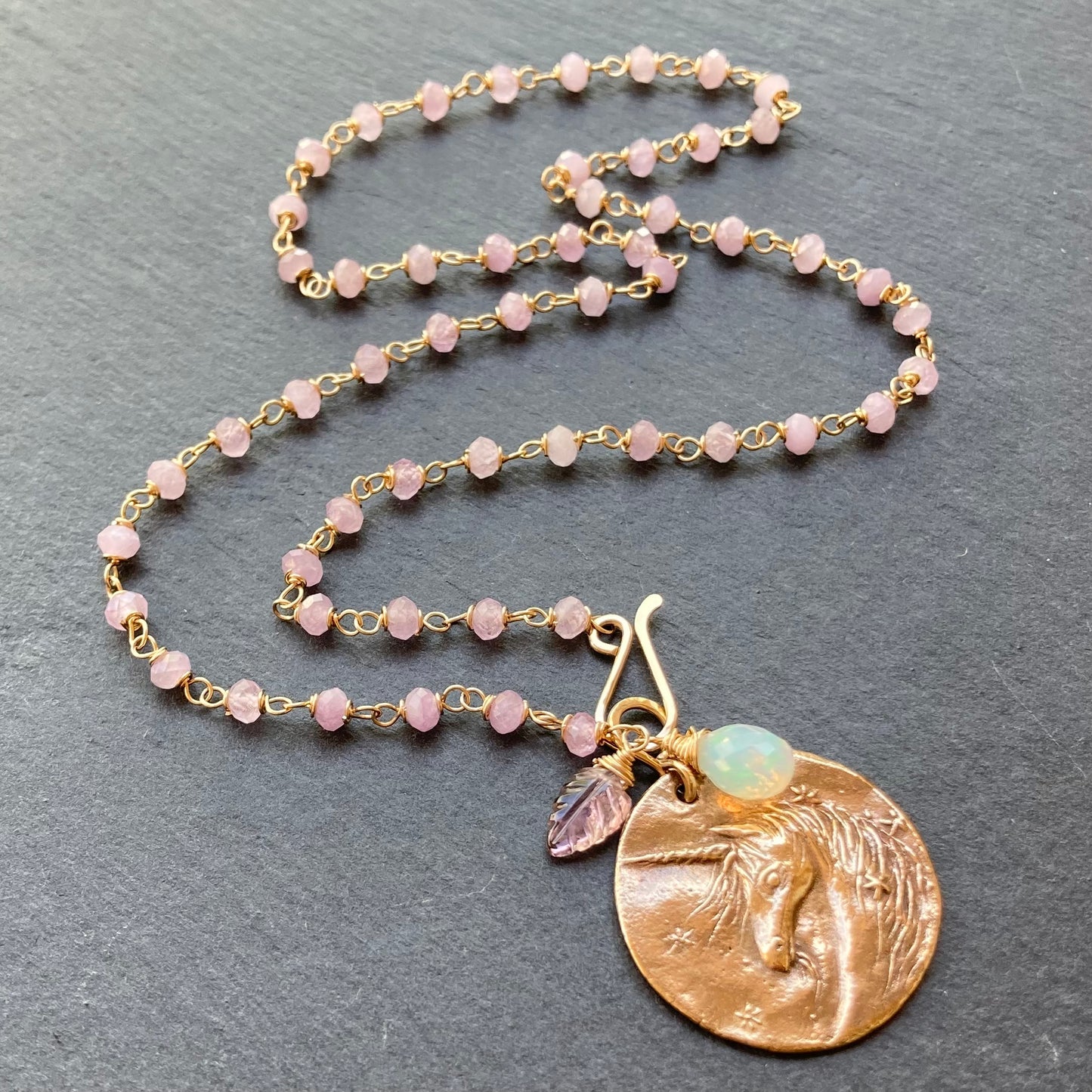 Kunzite, Gold & Bronze Unicorn Coin Necklace