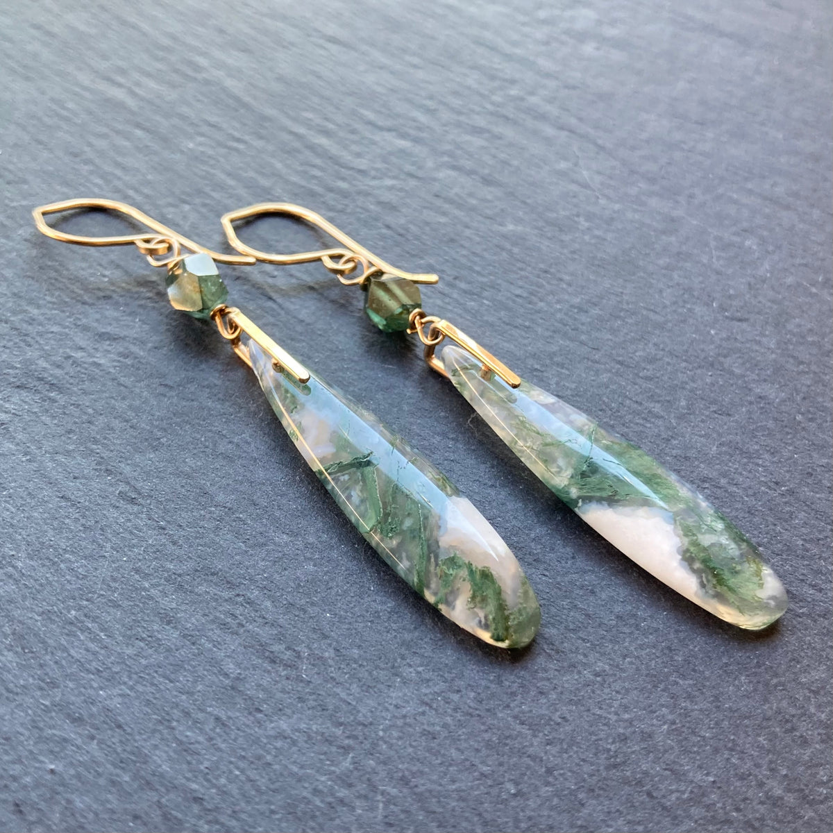 Moss Agate, Paraiba Blue Tourmaline & Gold Long Drop Earrings