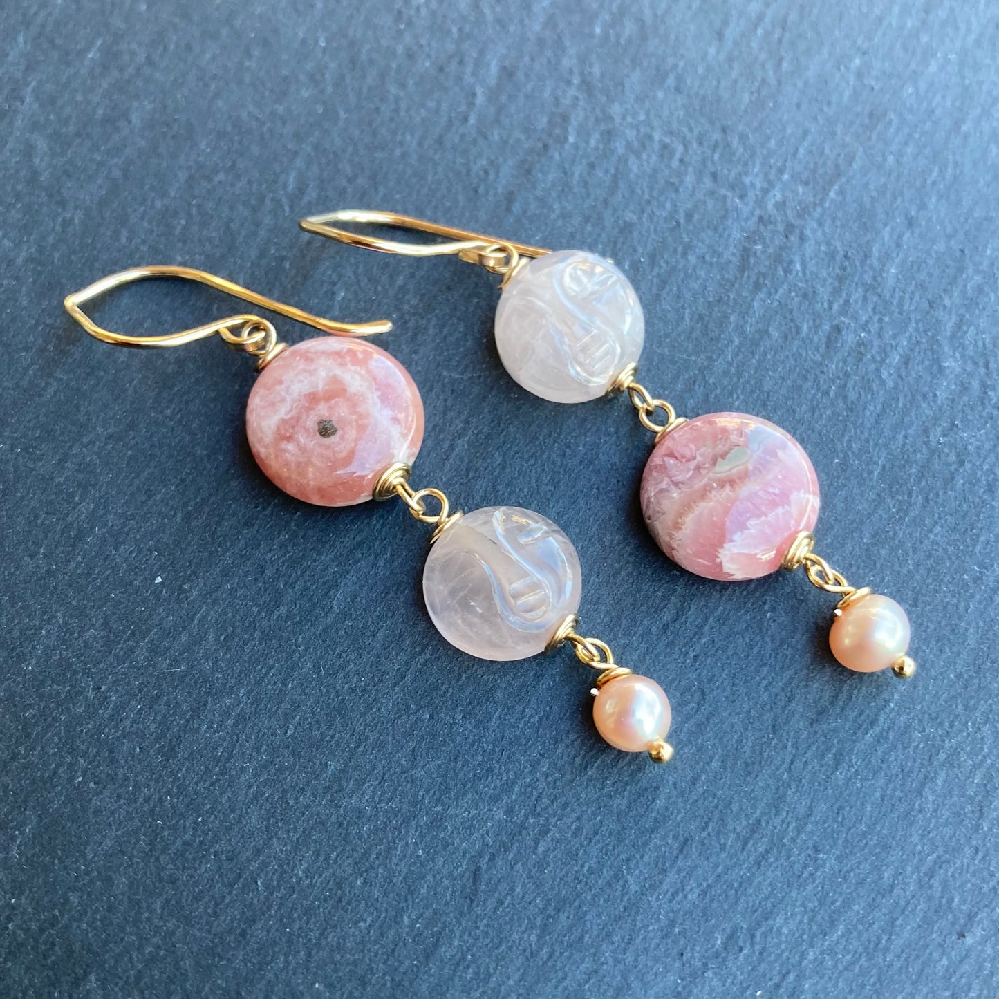 Rhodochrosite, Rose Quartz & Gold Pink Moon Rising Earrings