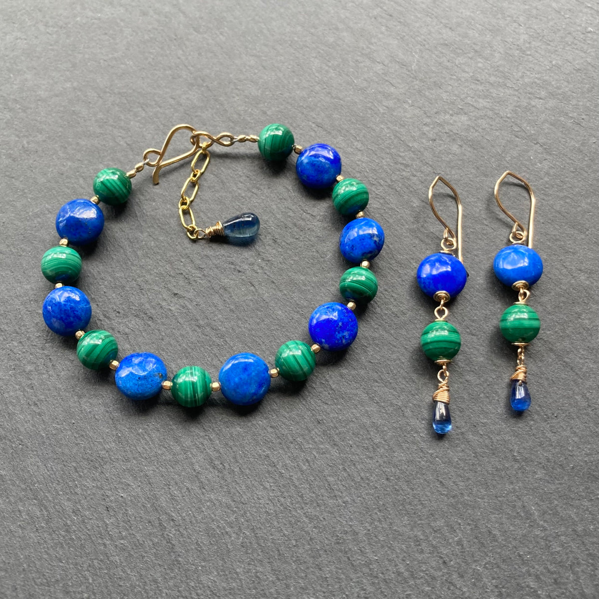 Lapis, Malachite & Gold Earrings