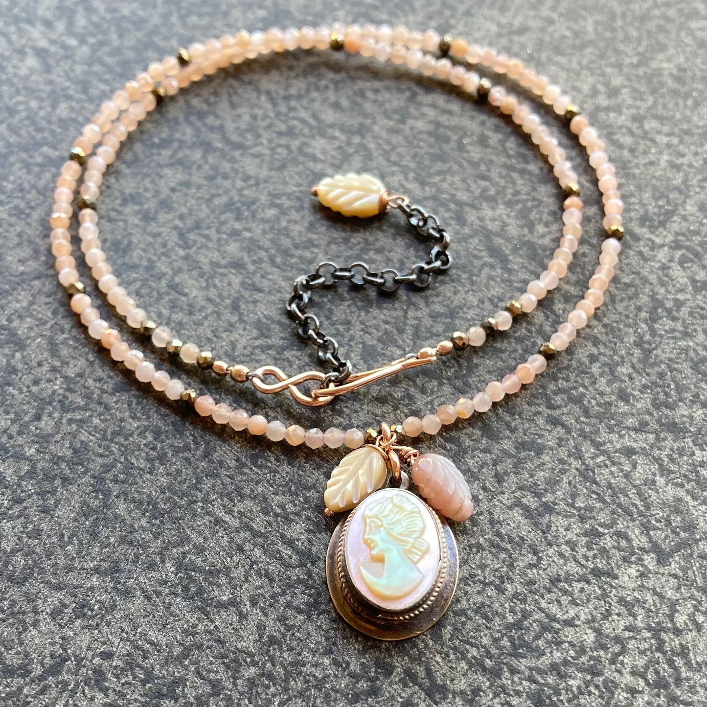 Peach Moonstone & Vintage Mother of Pearl Cameo Pendant Necklace