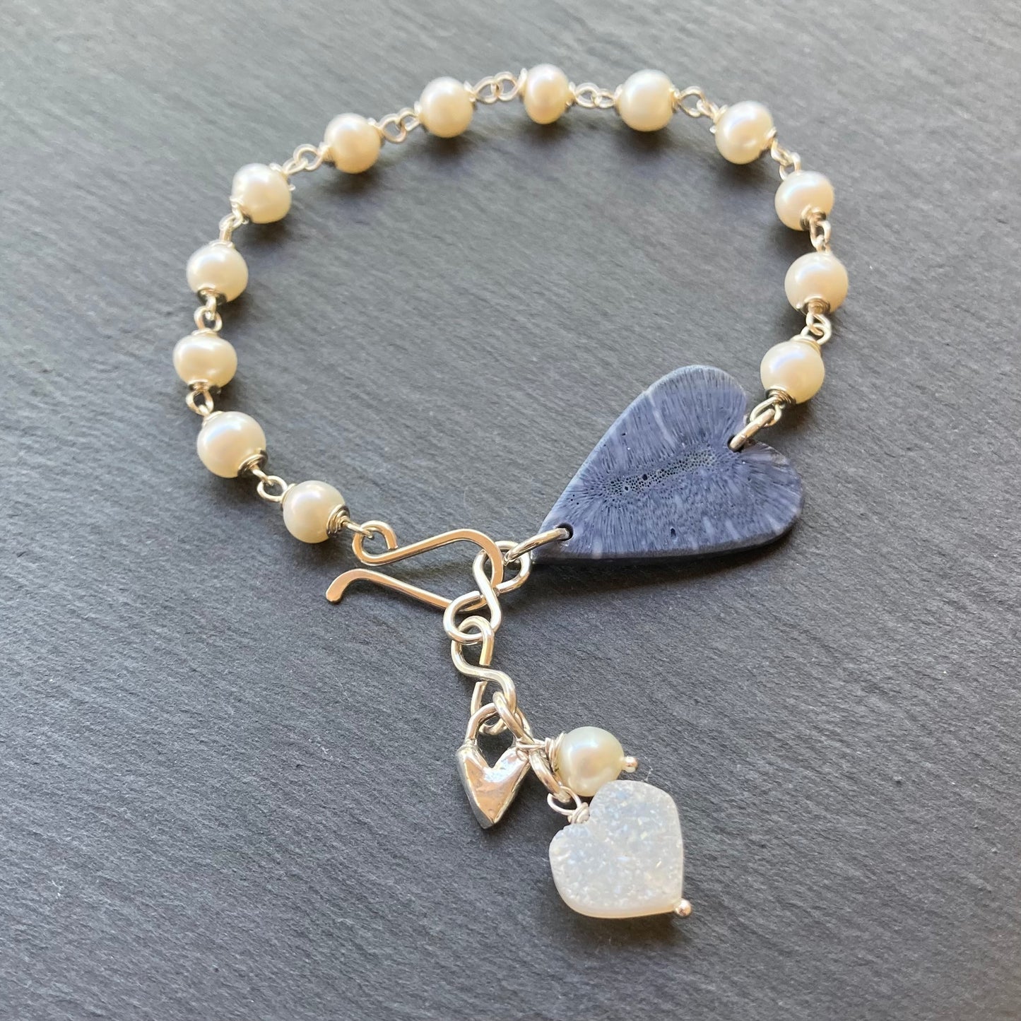 Freshwater Pearl, Sterling Silver & Blue Coral Heart Charm Bracelet
