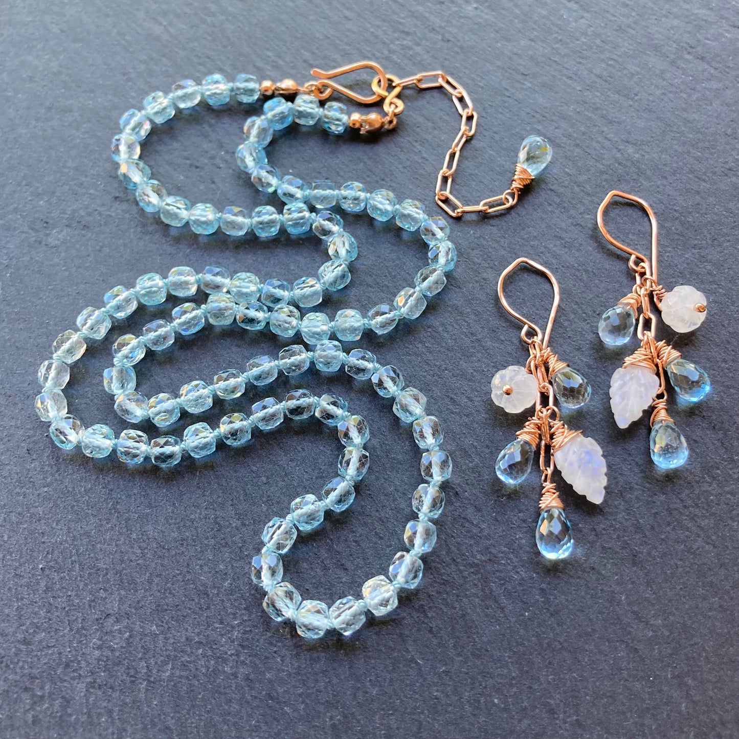 Blue Topaz, Rainbow Moonstone & Rose Gold Cascade Earrings