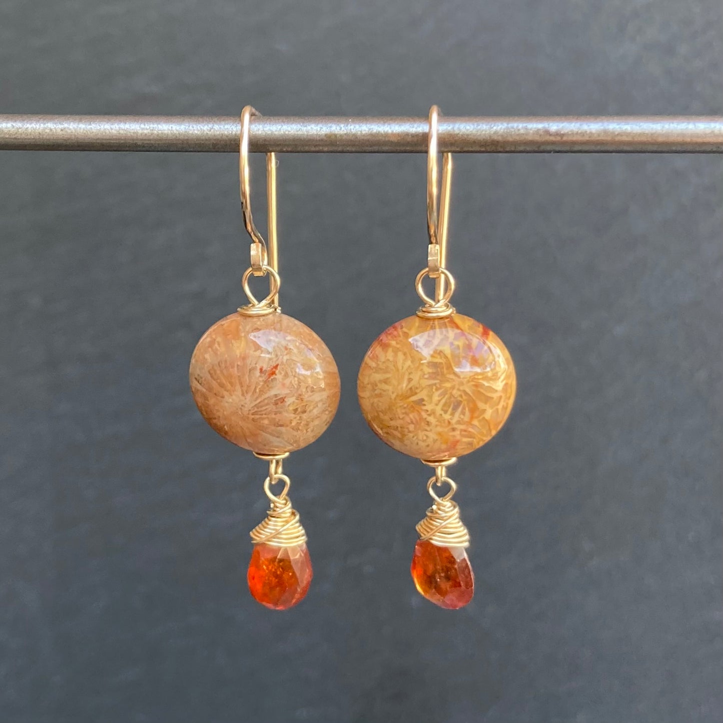 Fossil Coral, Hessonite Garnet & Gold Earrings