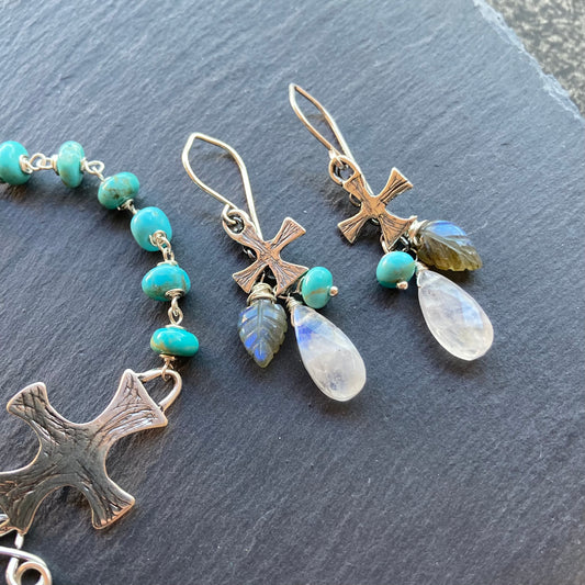 Multi Gemstone & Sterling Silver Cross Pattée Cascade Earrings