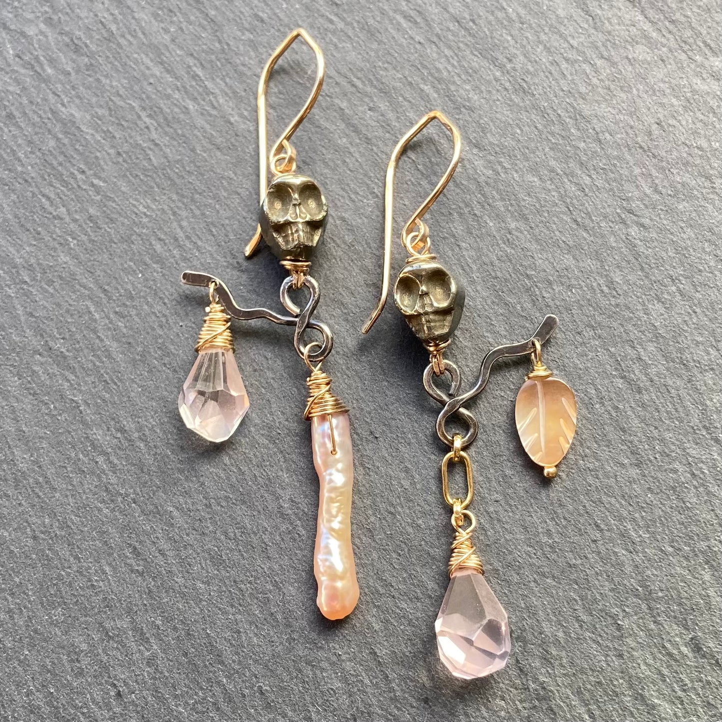 Rose Quartz, Pearl & Pyrite Calavera Talisman Earrings