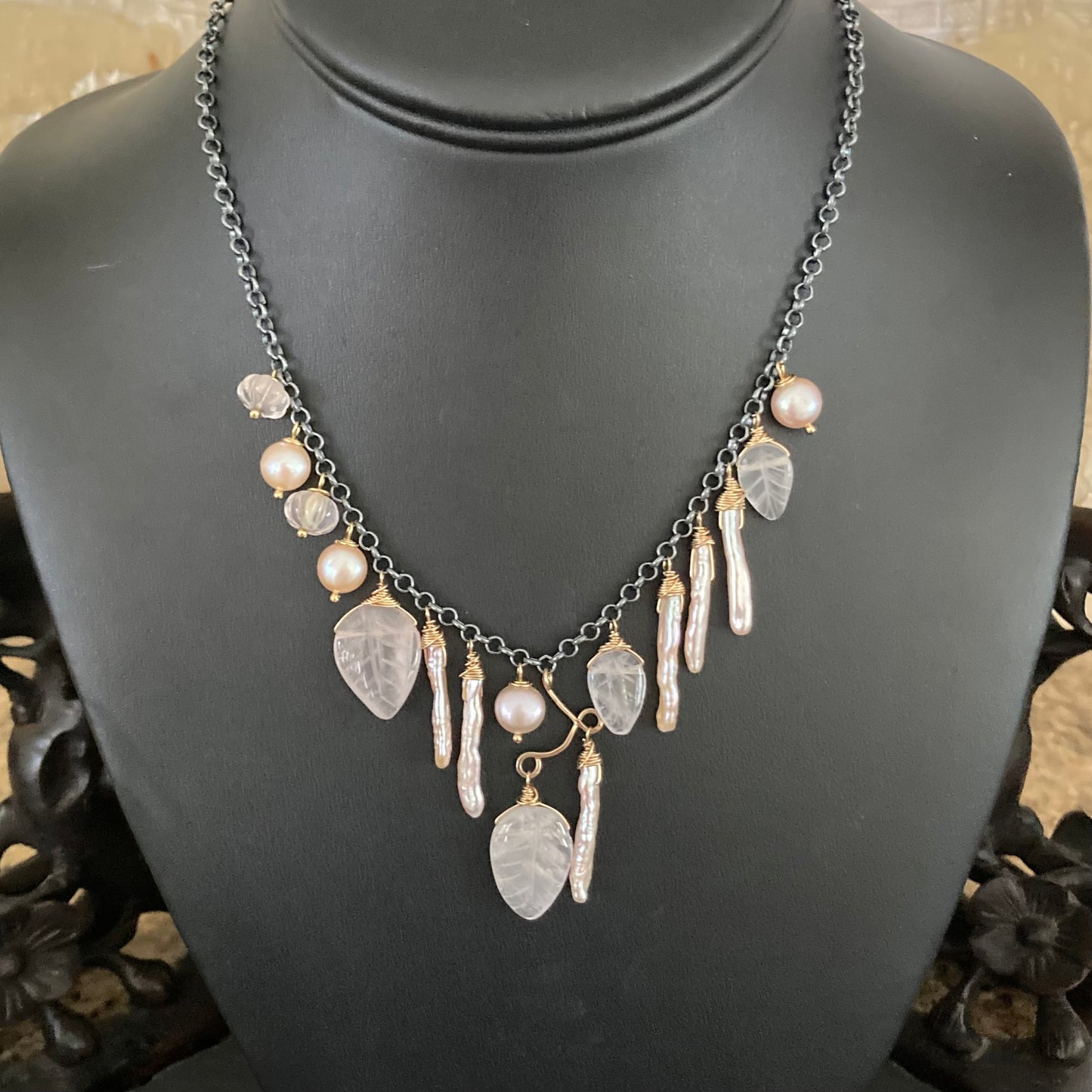 Rose Quartz, Pink Freshwater Pearl & Mixed Metal Asymmetrical Charm Choker