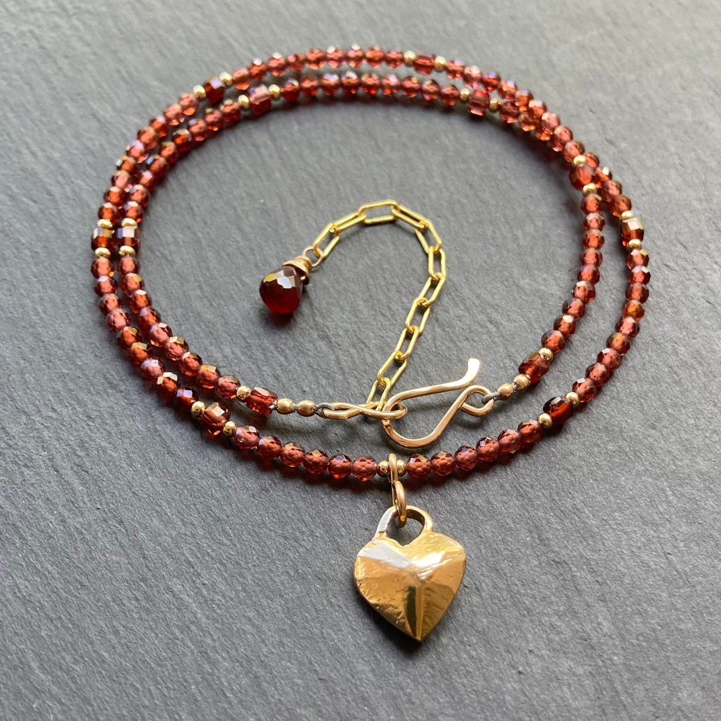Malaya Garnet, Gold & Bronze Heart Pendant Choker