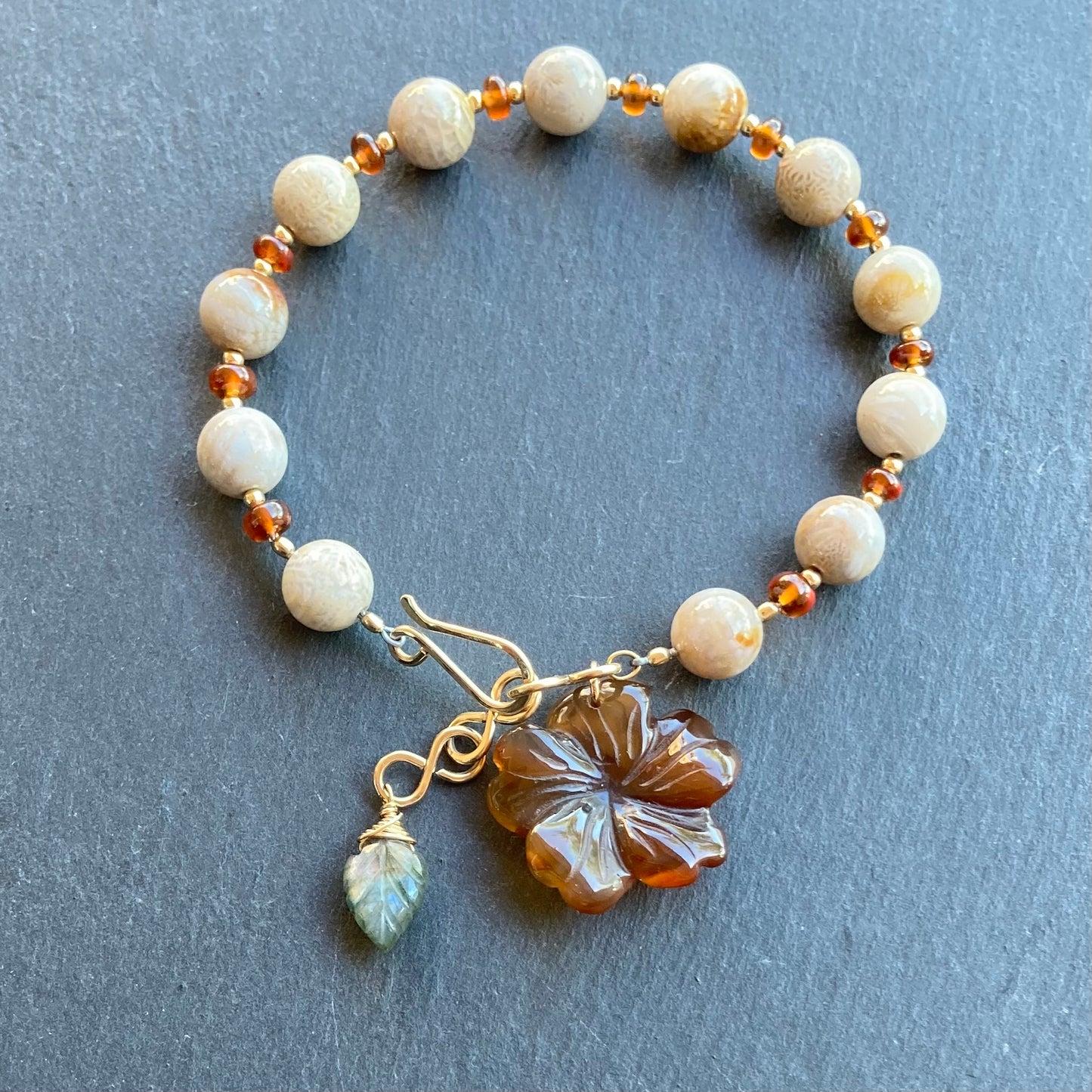 Fossil Coral, Carnelian & Gold Autumn Bloom Bracelet