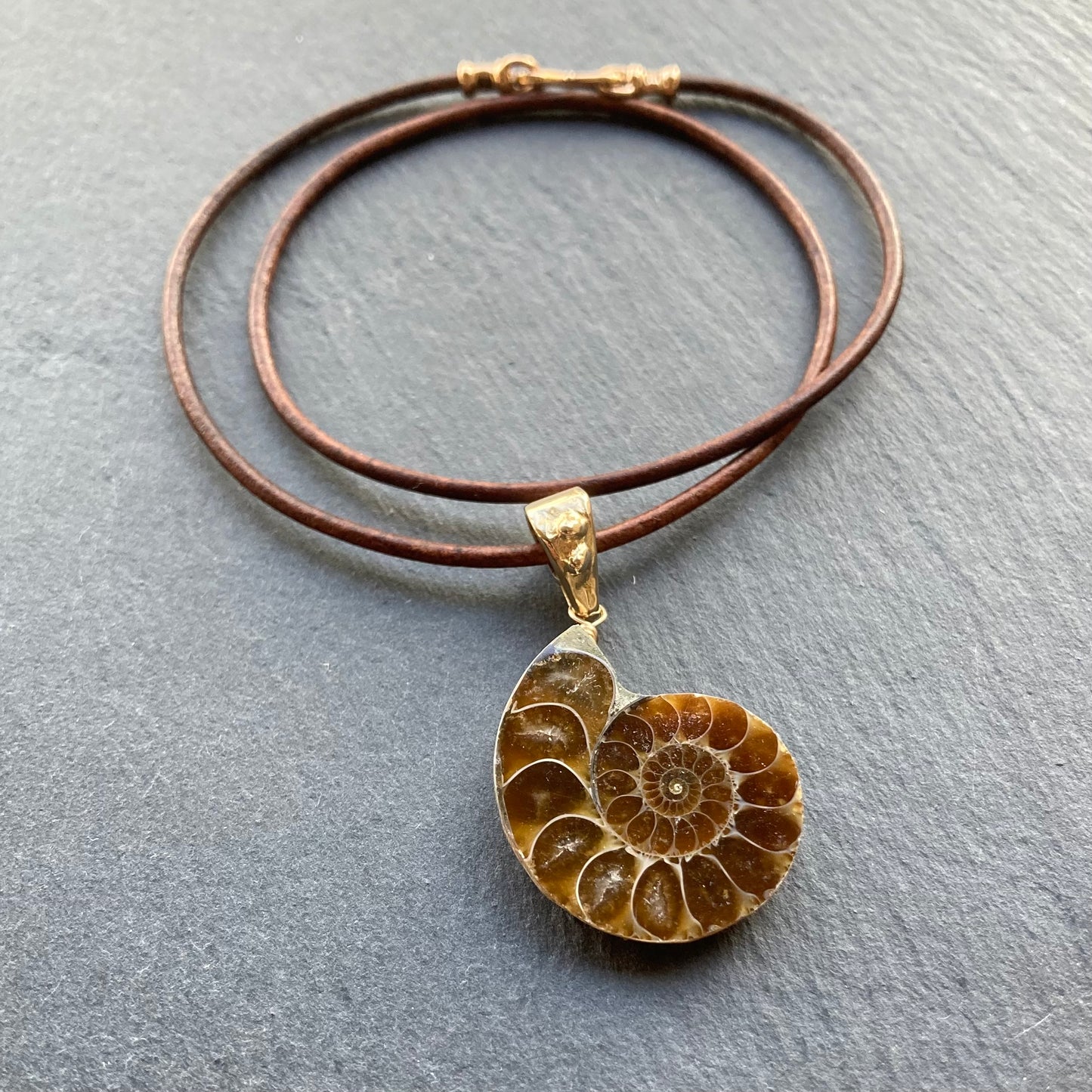 Natural Ammonite & Bronze Leather Choker (right facing)