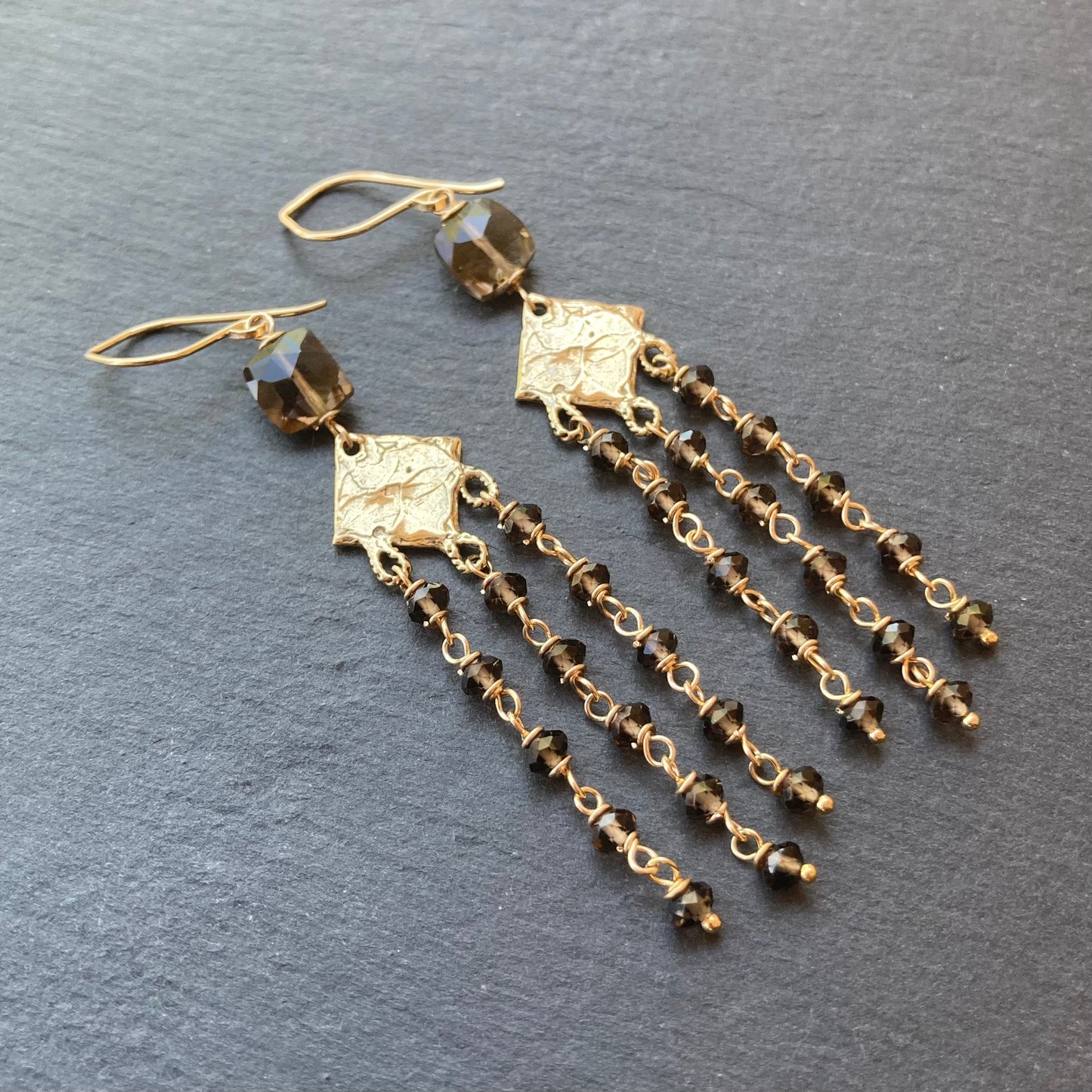Smoky Quartz, Gold & Bronze Long Fringe Earrings