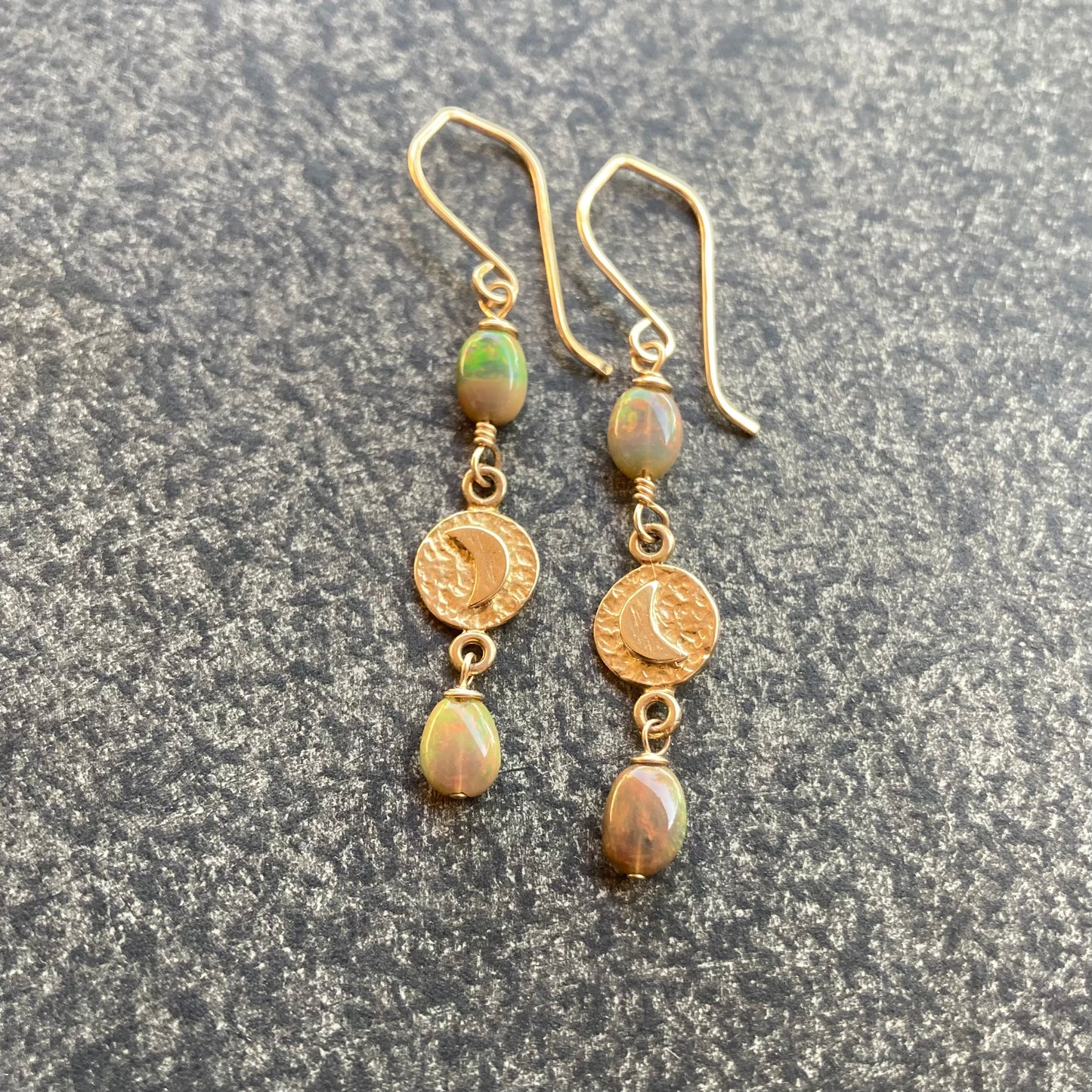 Ethiopian Black Opal, Gold & Bronze Moon Link Earrings