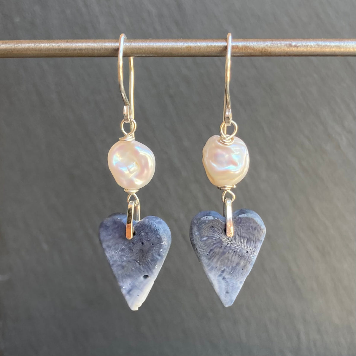 Freshwater Pearl, Sterling Silver & Blue Sponge Coral Heart Earrings
