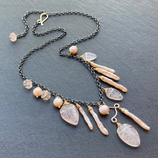 Rose Quartz, Pink Freshwater Pearl & Mixed Metal Asymmetrical Charm Choker