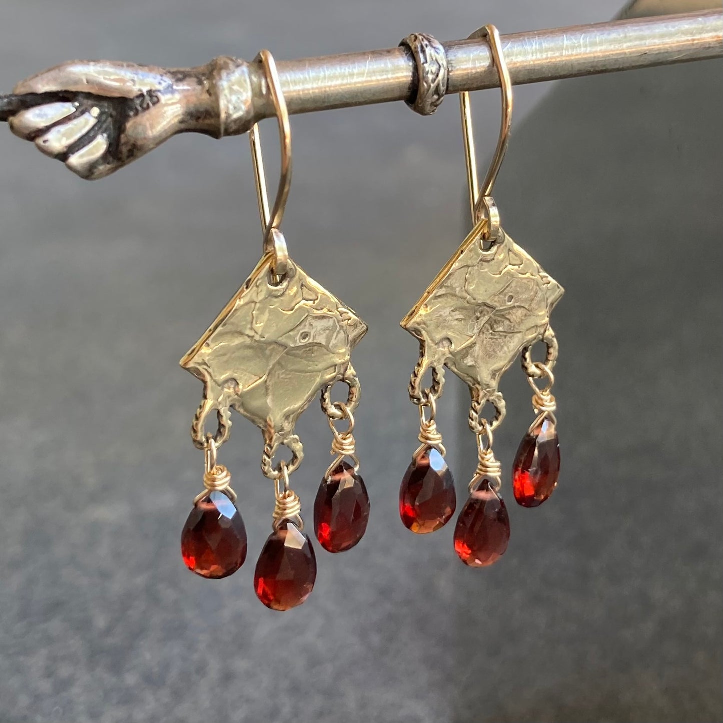 Mozambique Garnet, Gold & Bronze Chandelier Earrings