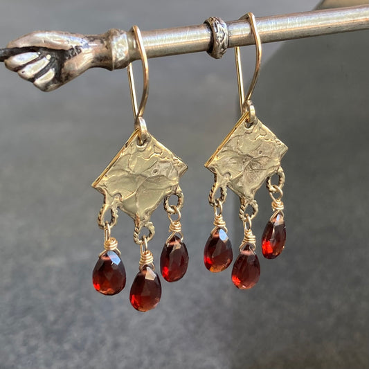 Mozambique Garnet, Gold & Bronze Chandelier Earrings