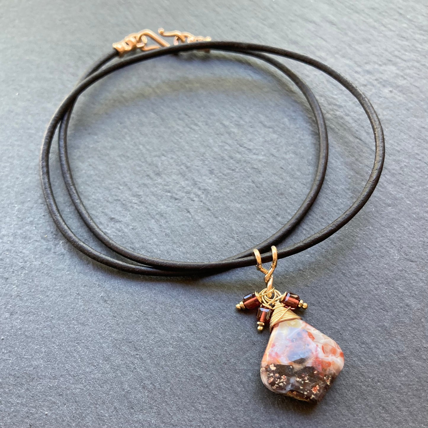 Crazy Lace Agate, Malaya Garnet & Gold Leather Choker