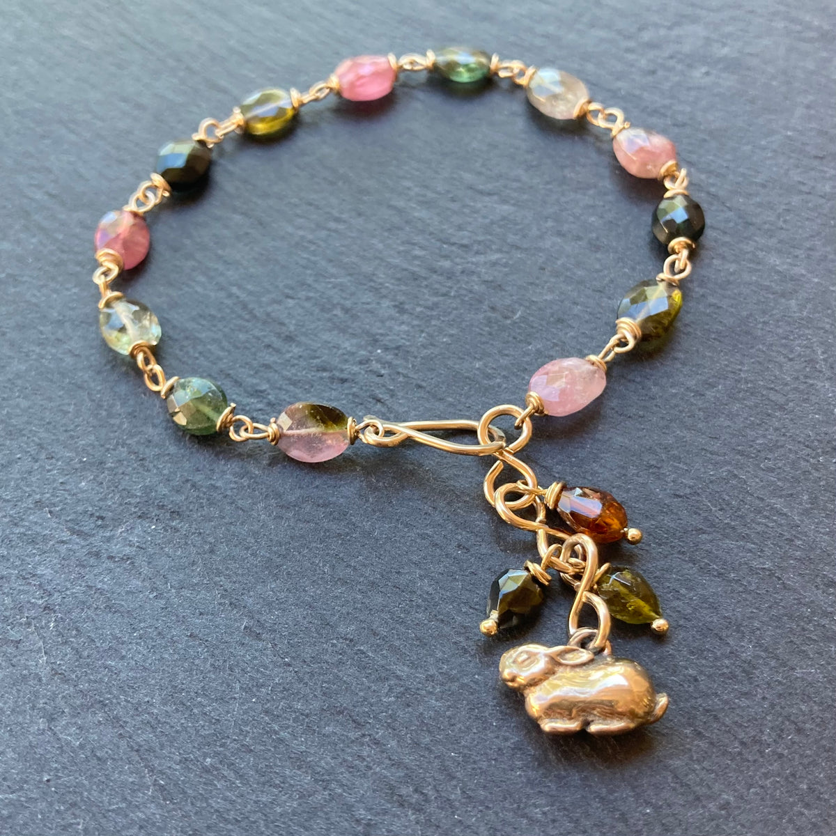 Tourmaline, Gold & Bronze Bunny Charm Bracelet