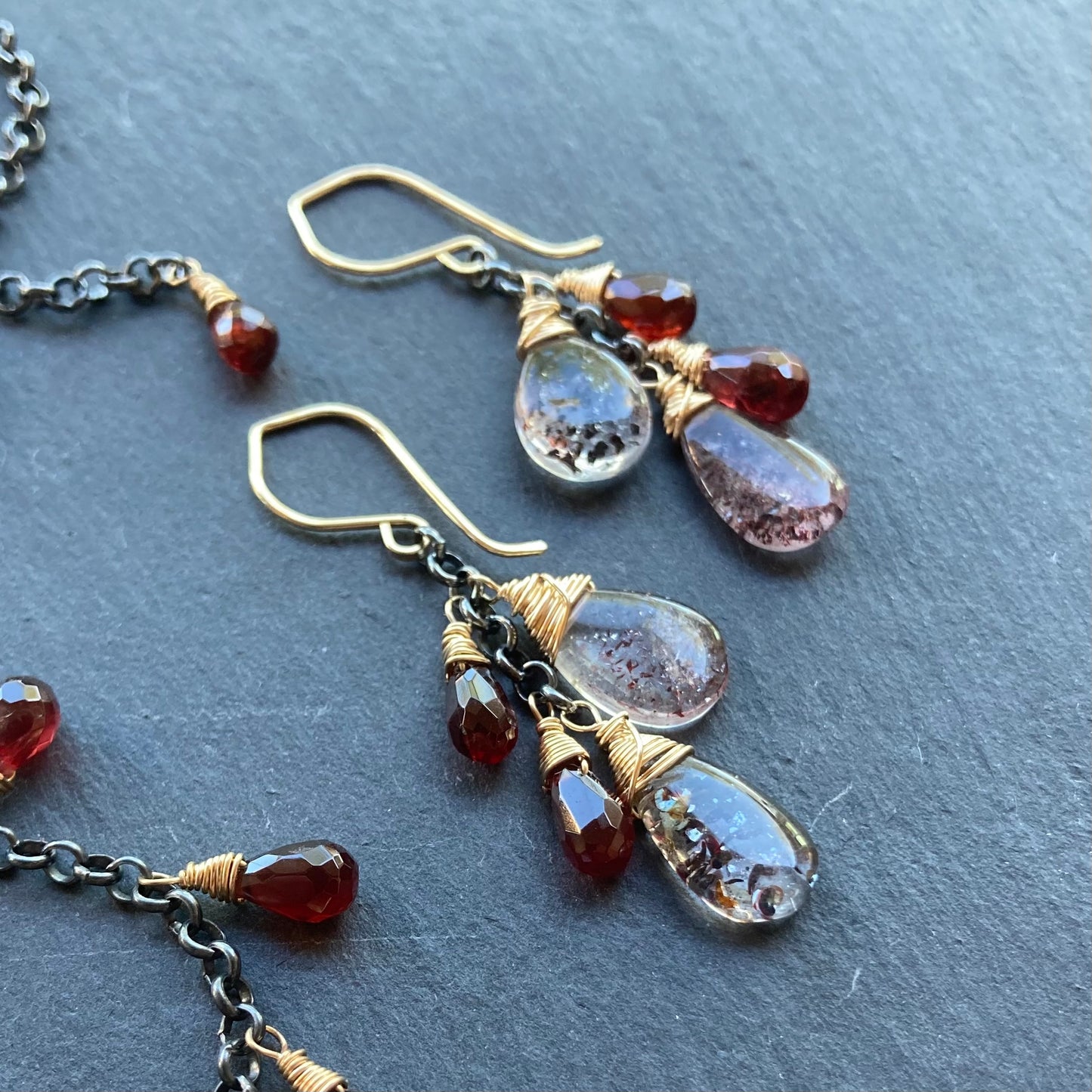 Lepidocrocite, Mozambique Garnet & Mixed Metal Cascade Earrings