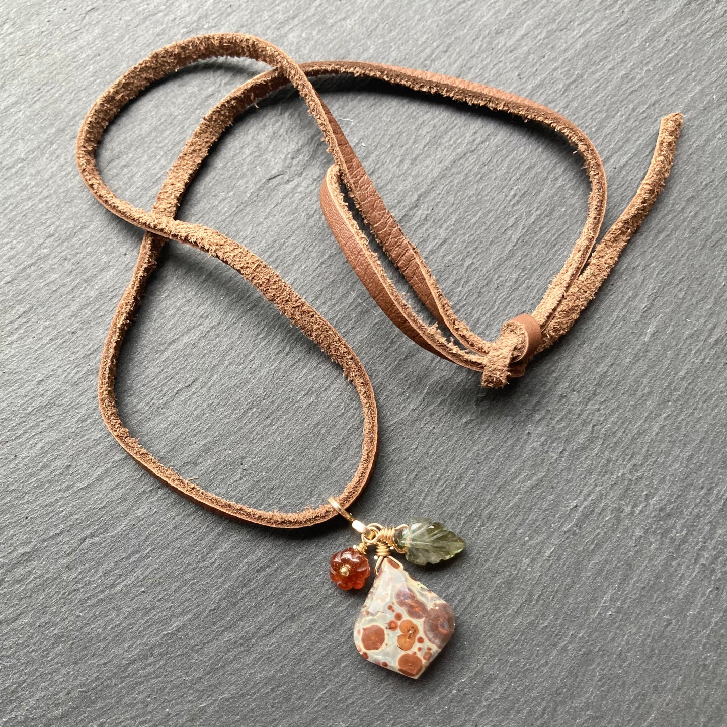 Asteroid Jasper, Hessonite Garnet & Gold Autumn Harvest Deertan Leather Choker