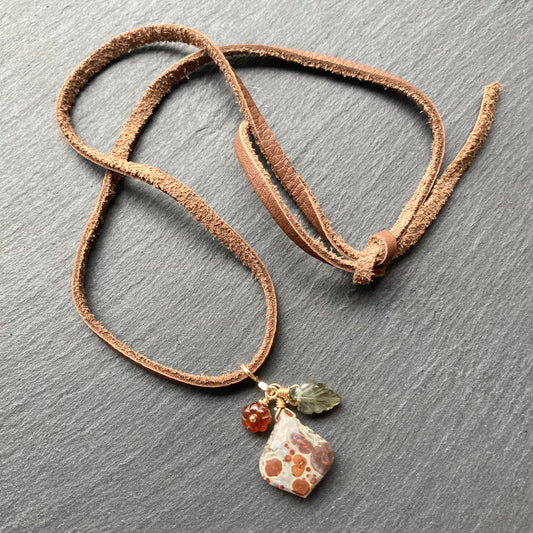 Asteroid Jasper, Hessonite Garnet & Gold Autumn Harvest Deertan Leather Choker