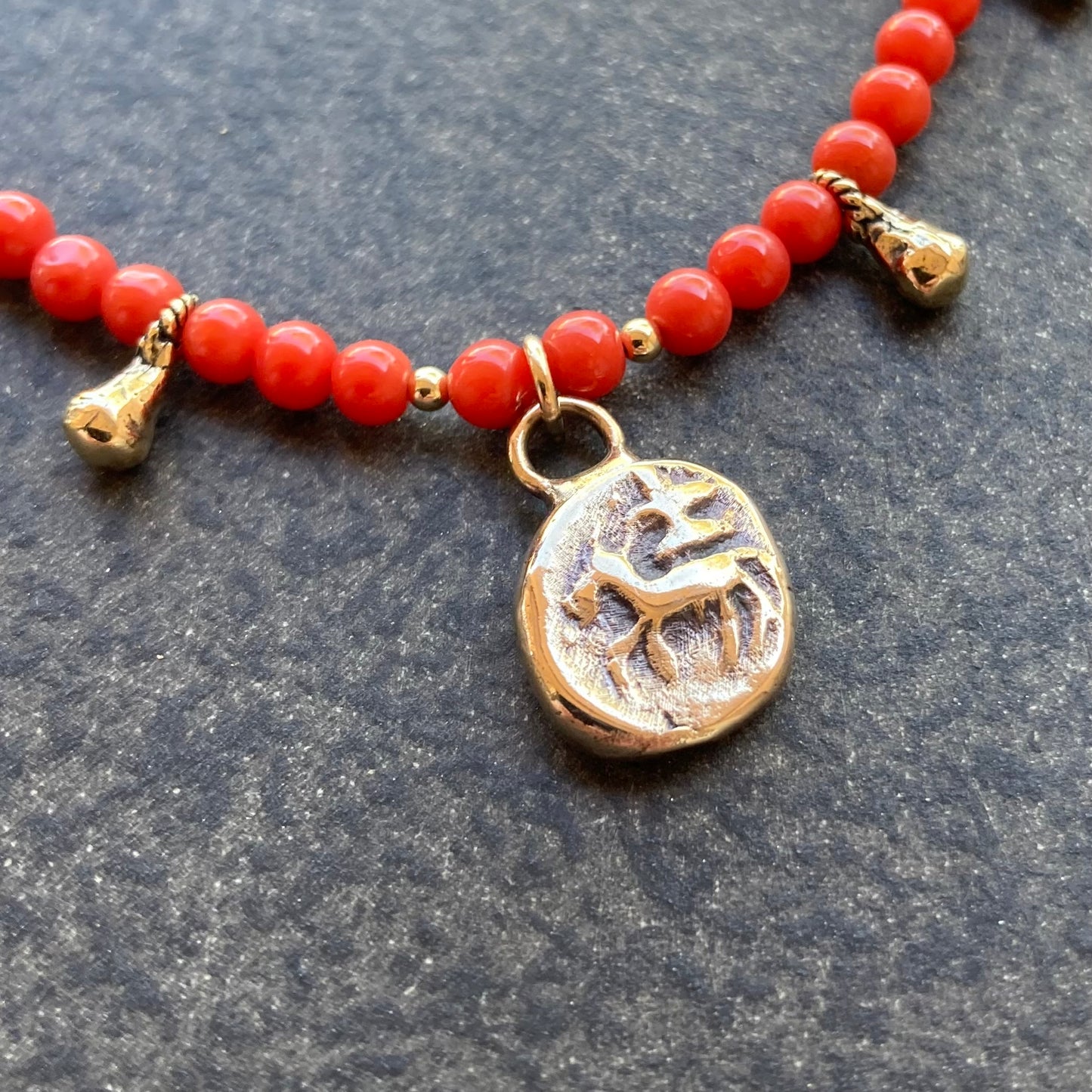 Natural Coral, Gold & Bronze Ancient Coin Charm Choker