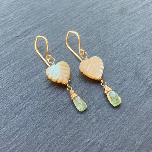 Mother of Pearl, Green Kyanite & Gold Palm Heart Earrings