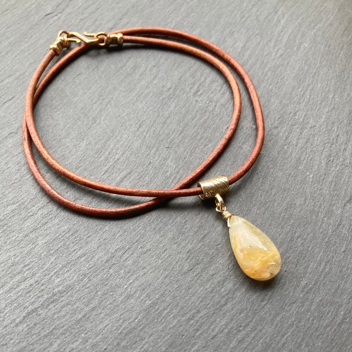 Golden Rutilated Quartz & Bronze Leather Choker