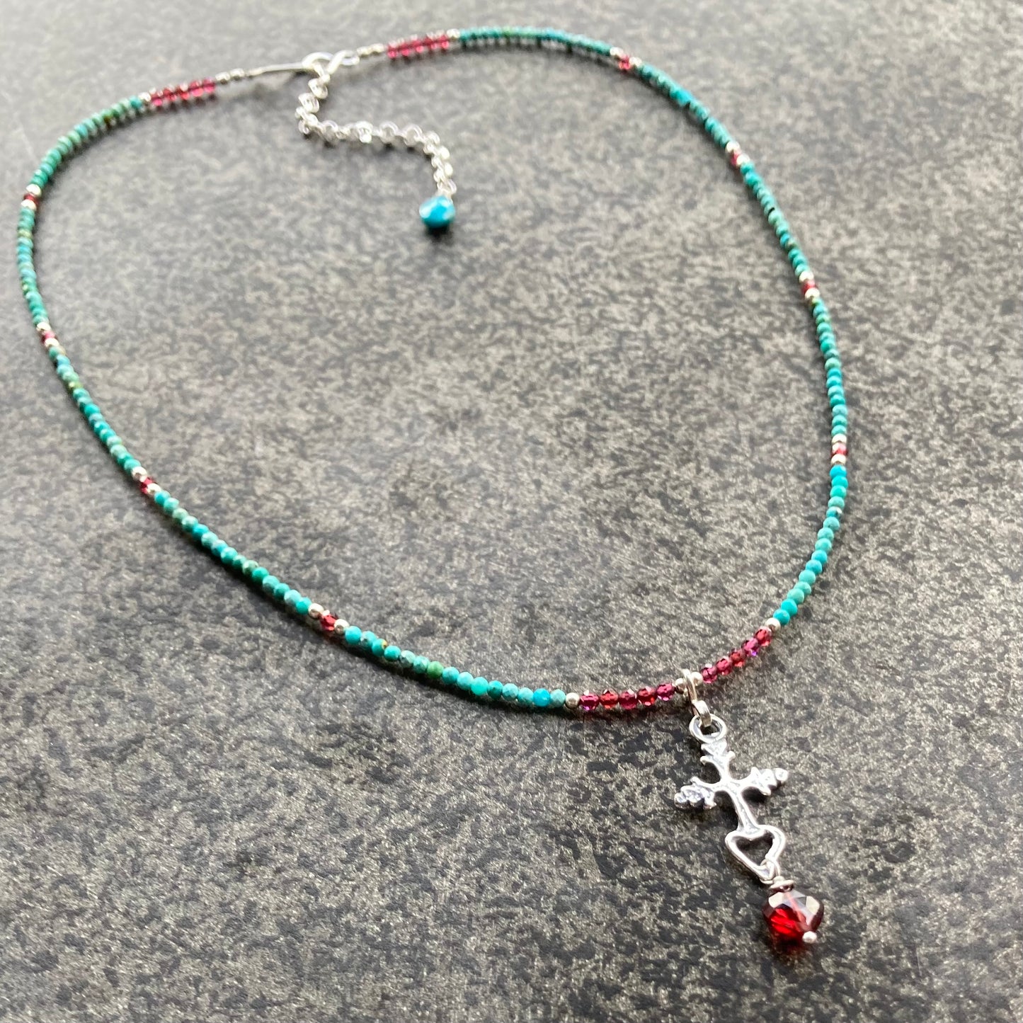 Arizona Turquoise, Mozambique Garnet & Sterling Silver Sacred Heart Cross Necklace