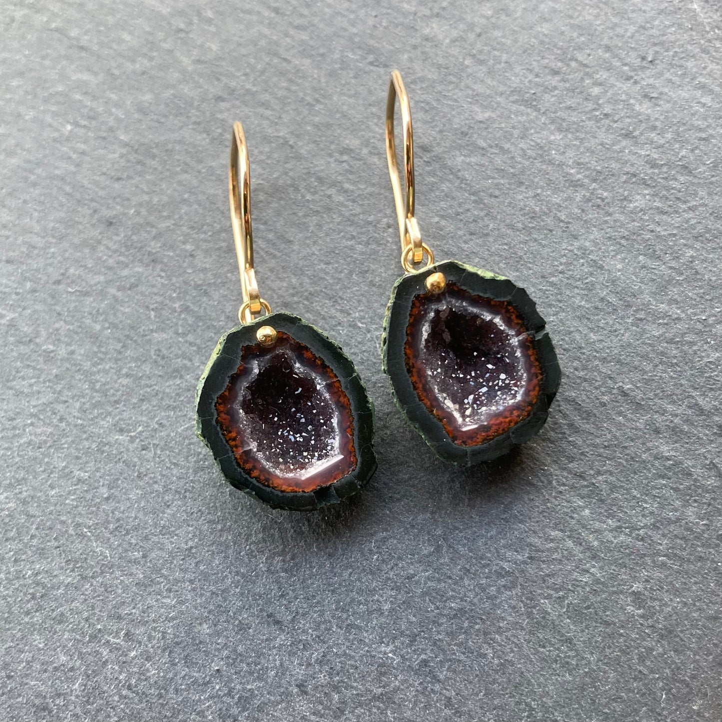 Red Druzy Tabasco Geode & Gold Earrings