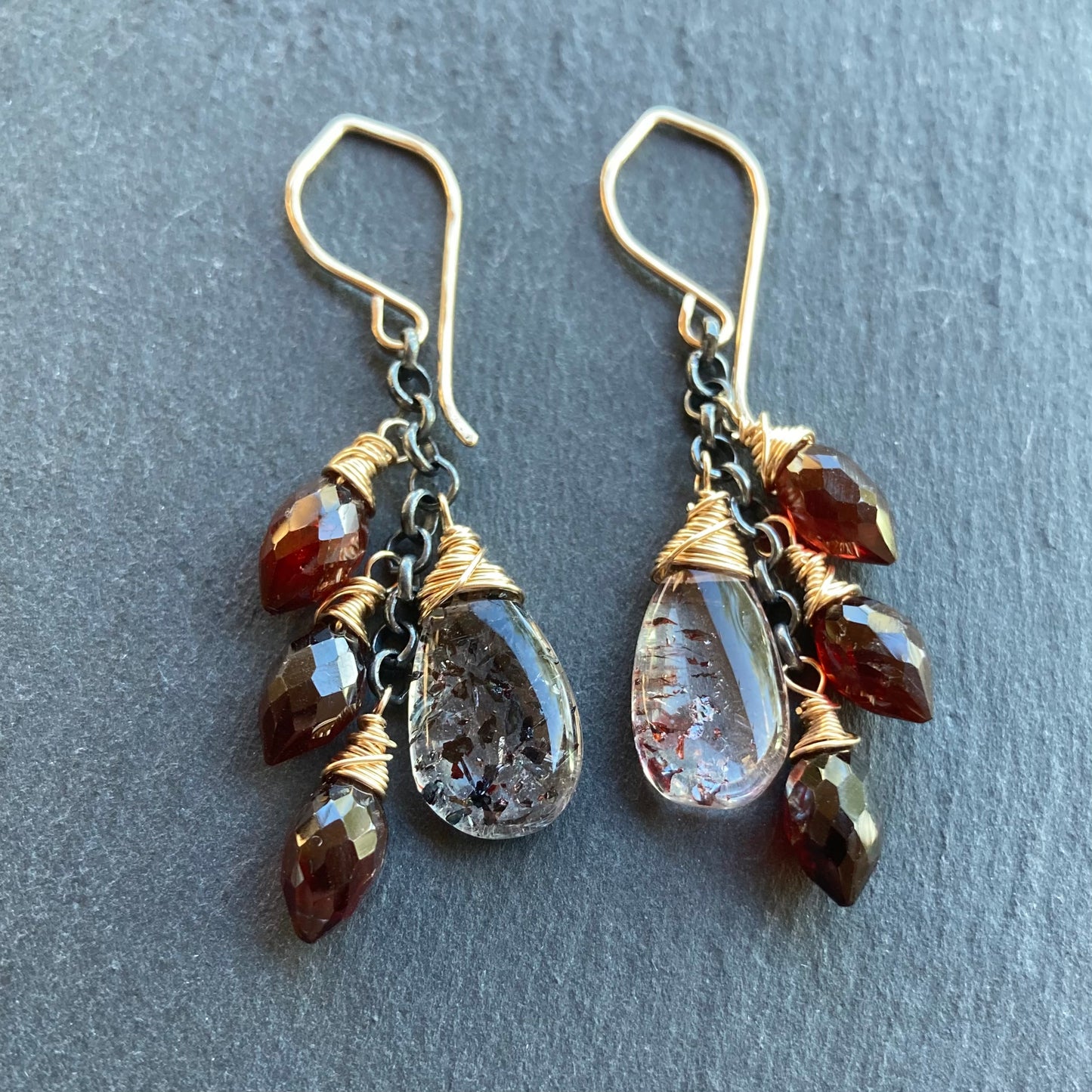 Lepidocrocite, Mozambique Garnet & Mixed Metal Cascade Earrings