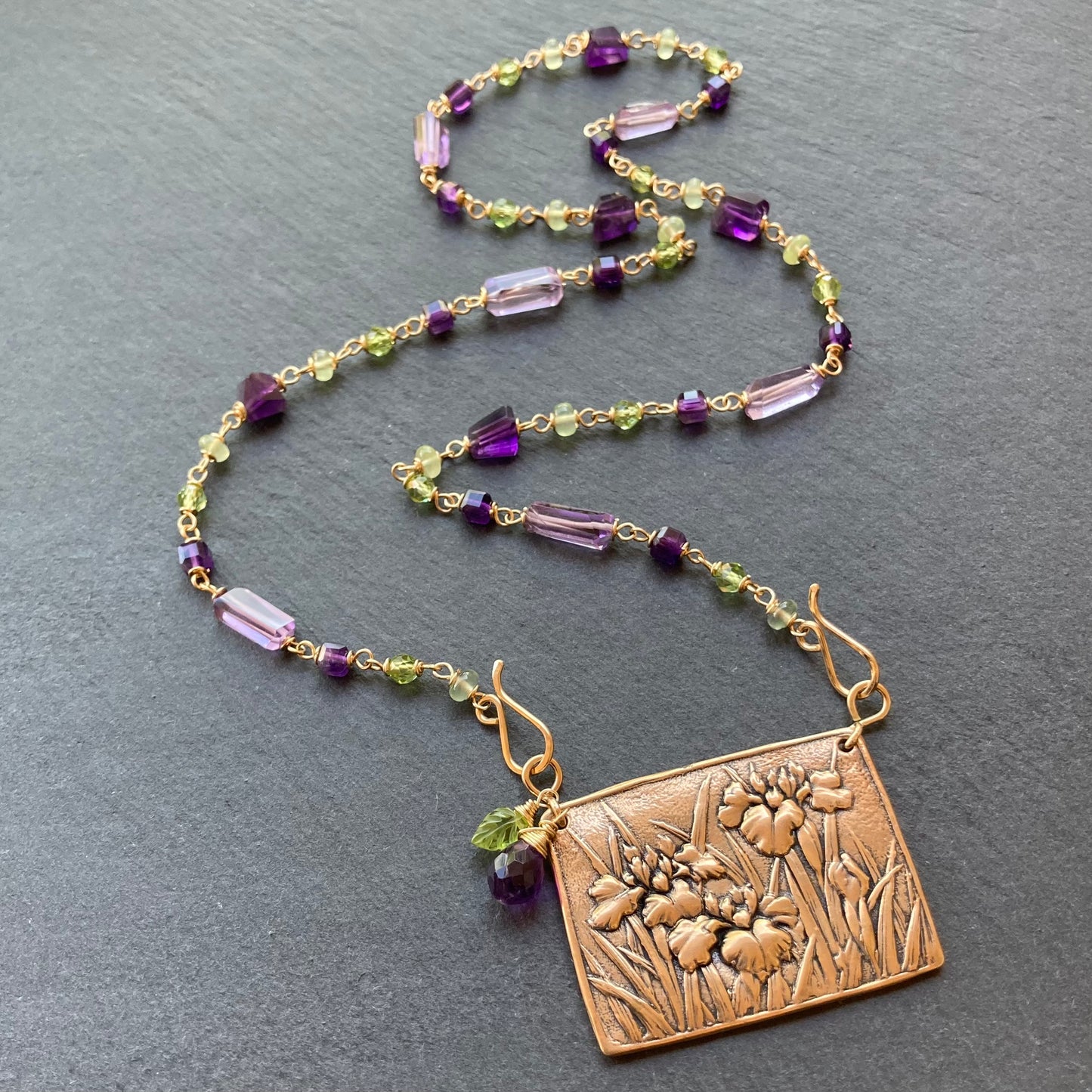 Amethyst, Peridot, Gold & Bronze Iris Pendant Necklace