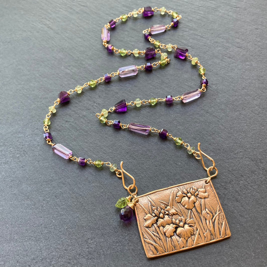 Amethyst, Peridot, Gold & Bronze Iris Pendant Necklace