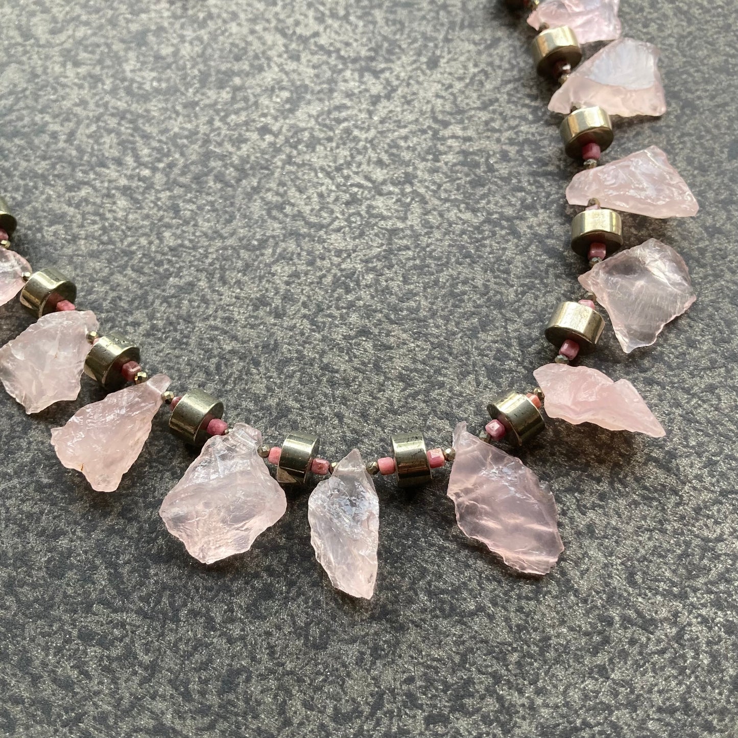 Raw Rose Quartz, Pyrite, Rhodonite & Mixed Metal Collar