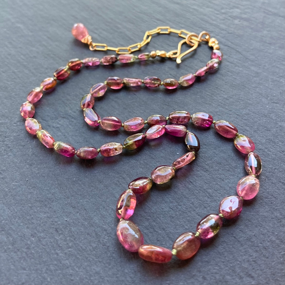 Watermelon Tourmaline Hand Knotted Silk Necklace