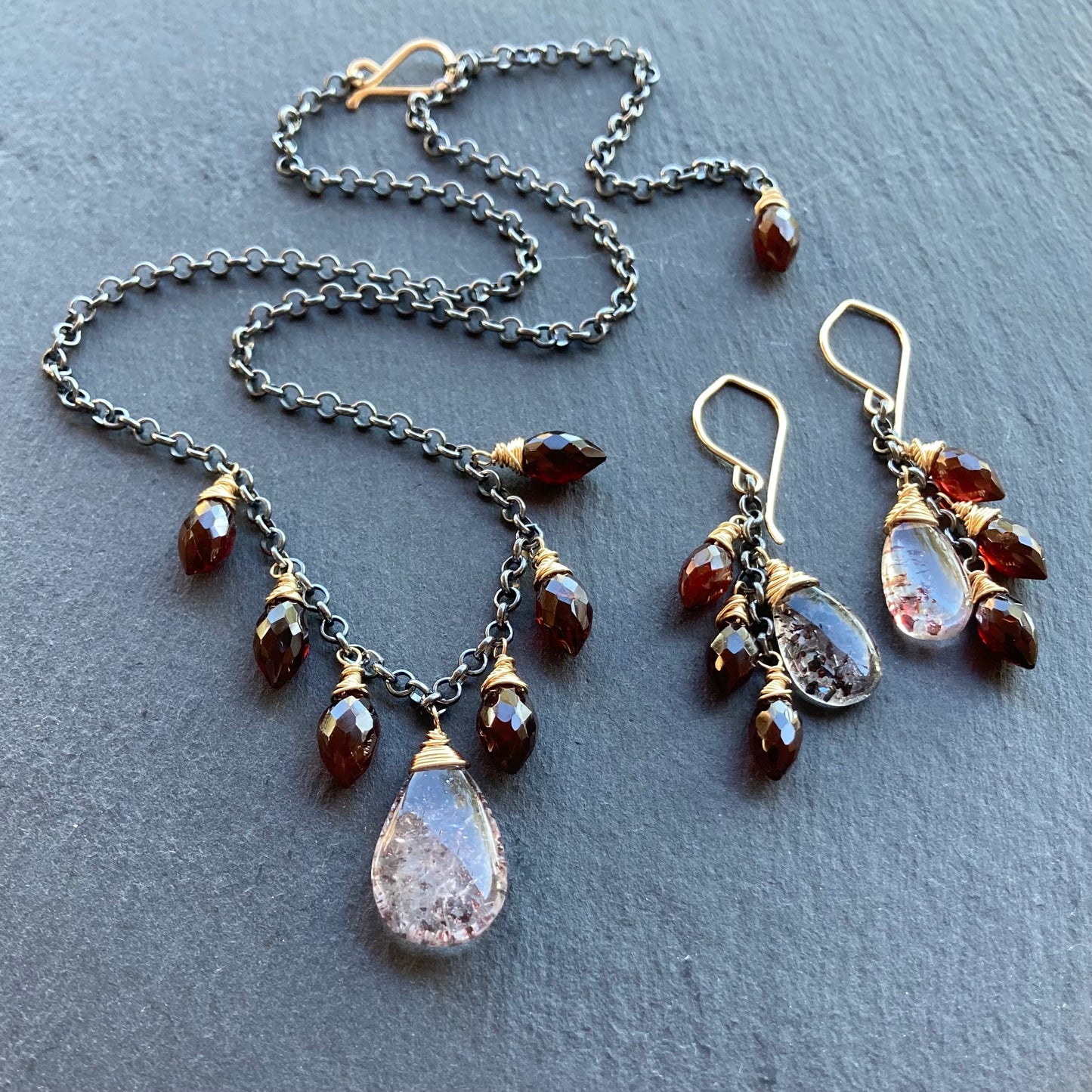Lepidocrocite, Mozambique Garnet & Mixed Metal Cascade Earrings