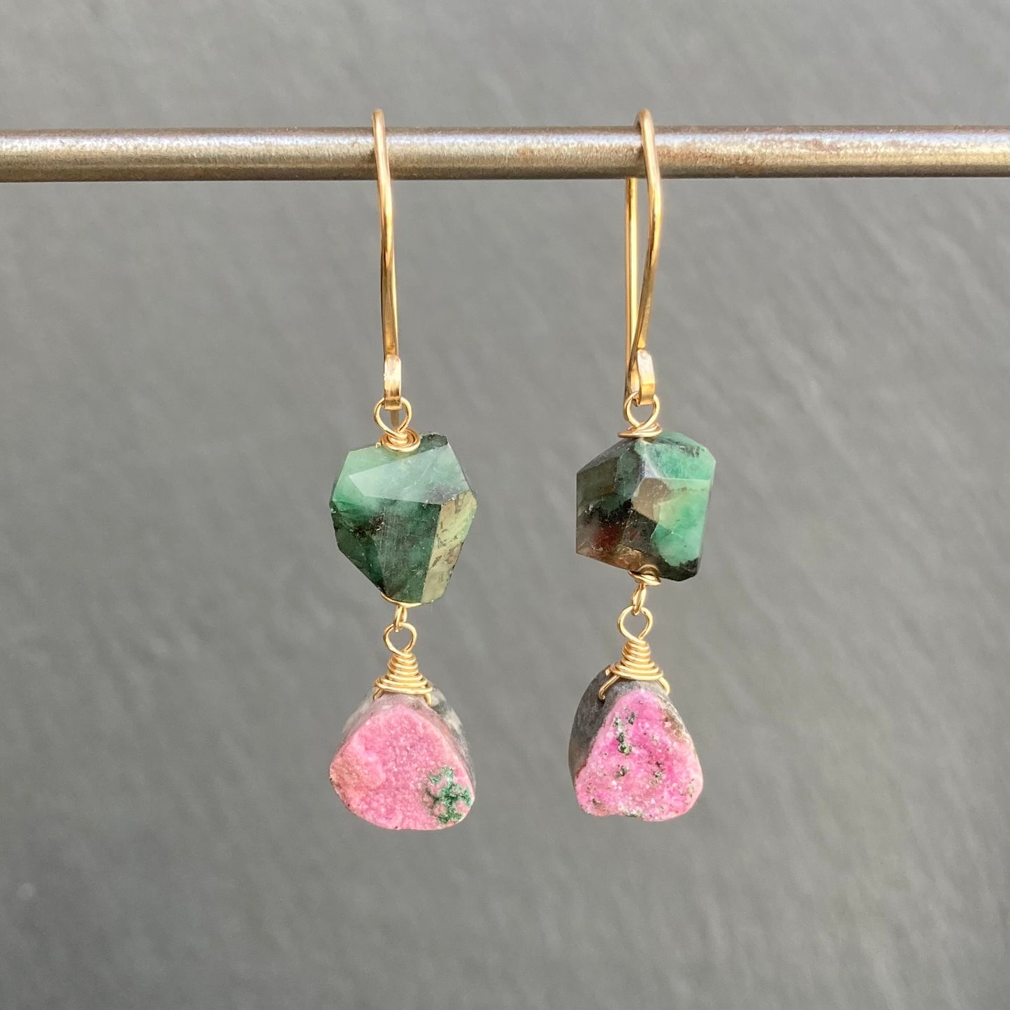 Natural Emerald, Cobalto Calcite & Gold Earrings