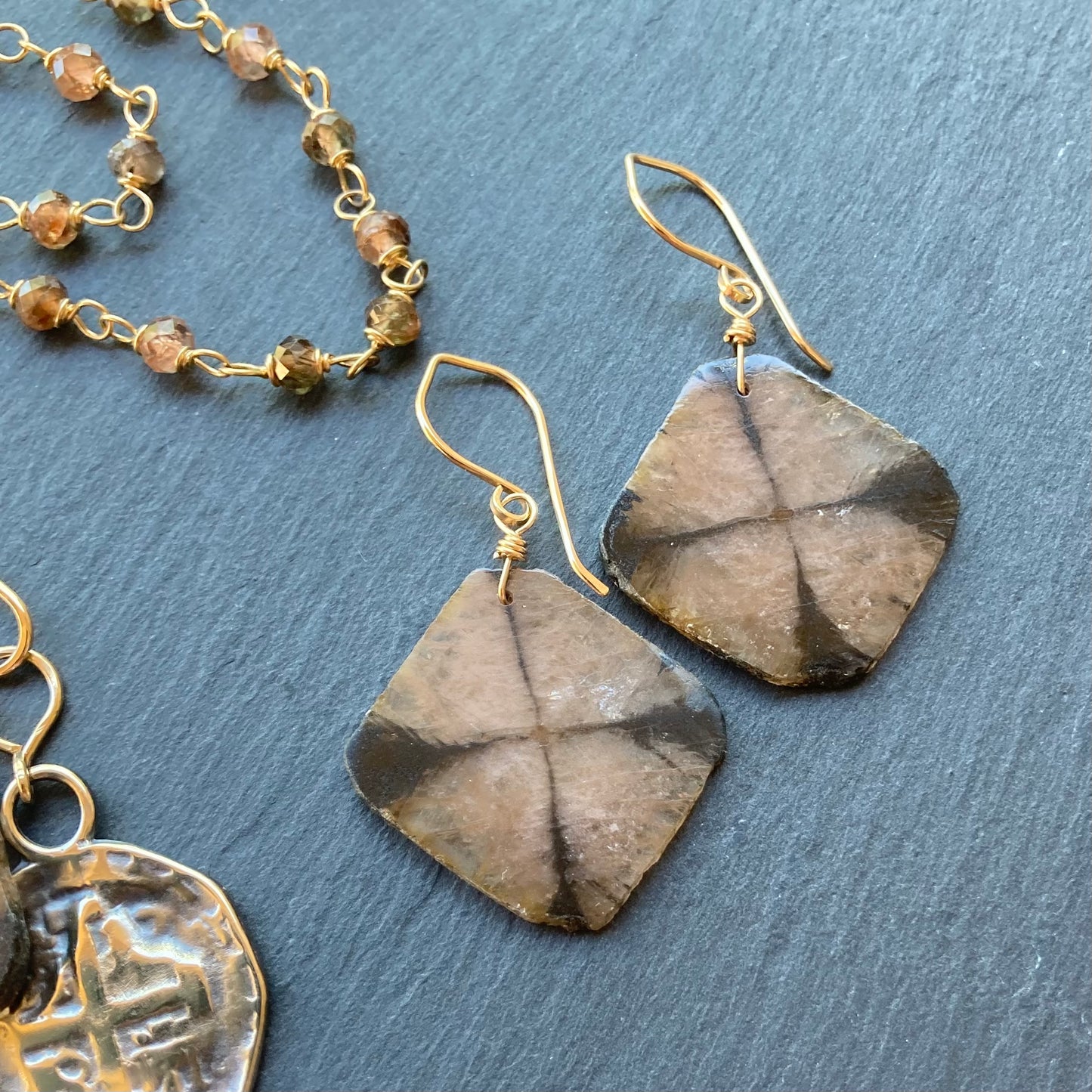 Andalusite, Chiastolite, Gold & Bronze Spanish Coin Necklace