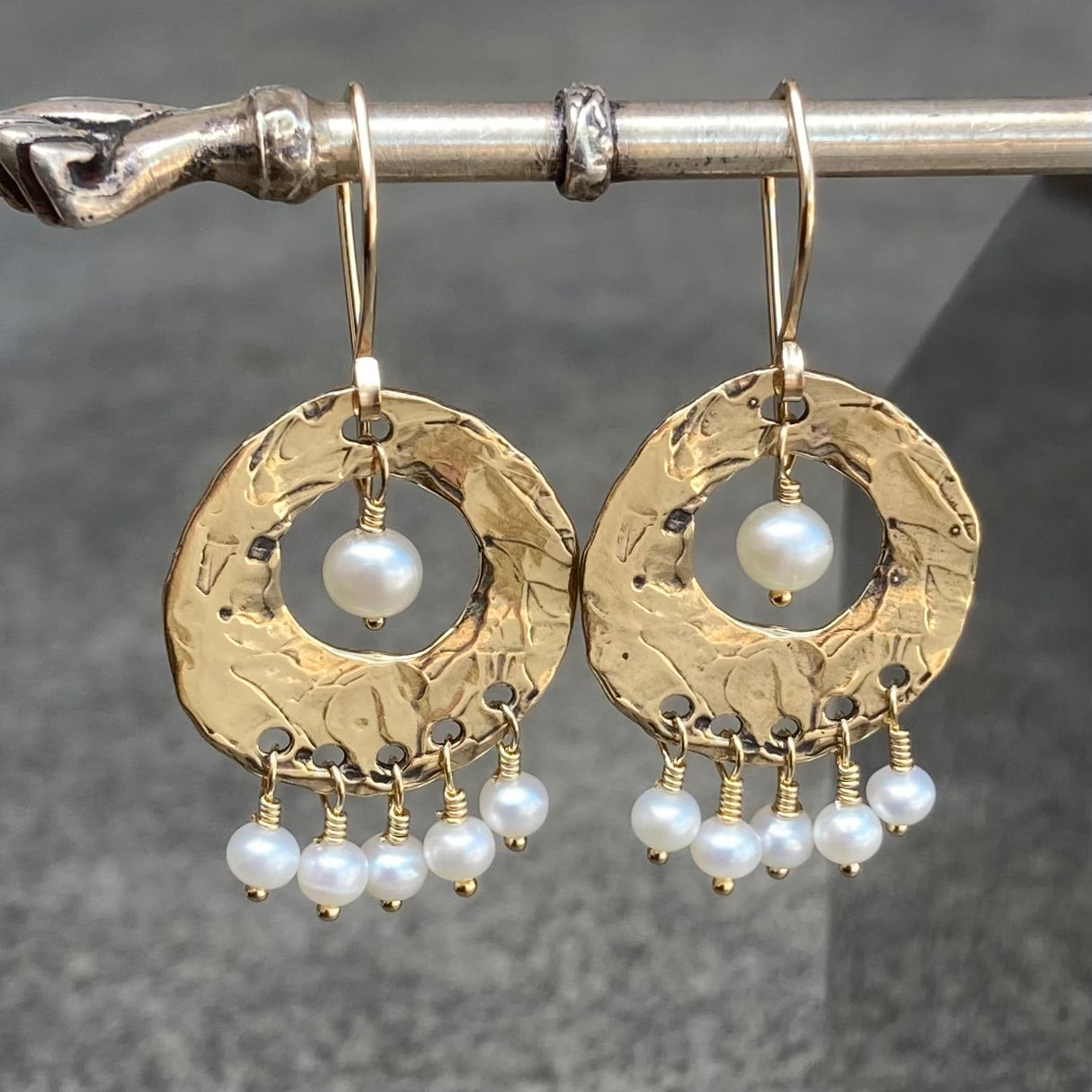 Vintage Freshwater Pearl, Gold & Bronze Fringe Hoops