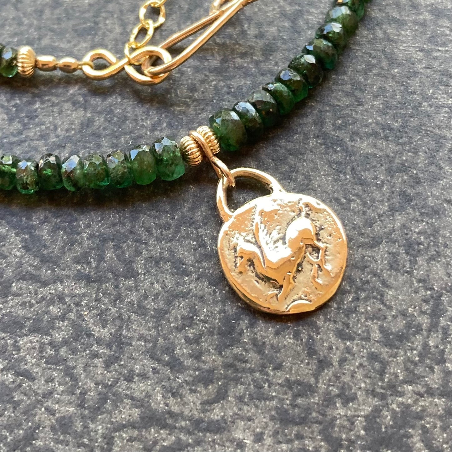 Emerald, Gold & Ancient Bronze Greek Pegasus & Athena Coin Necklace