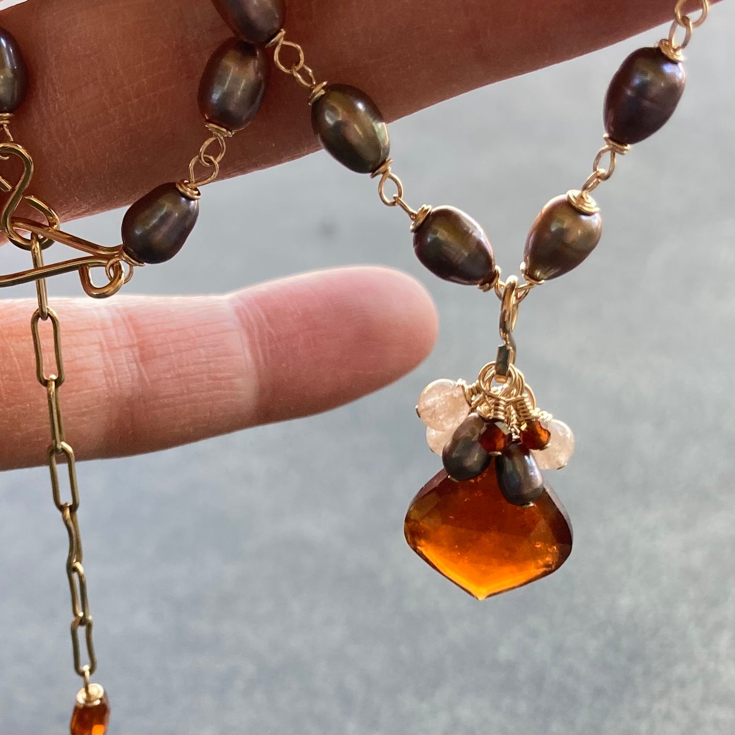 Hessonite, Tahitian Pearl & Gold Pendant Necklace