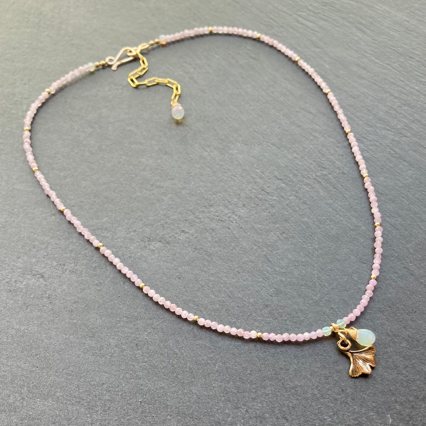 Kunzite, Gold & Bronze Ginkgo Leaf Choker