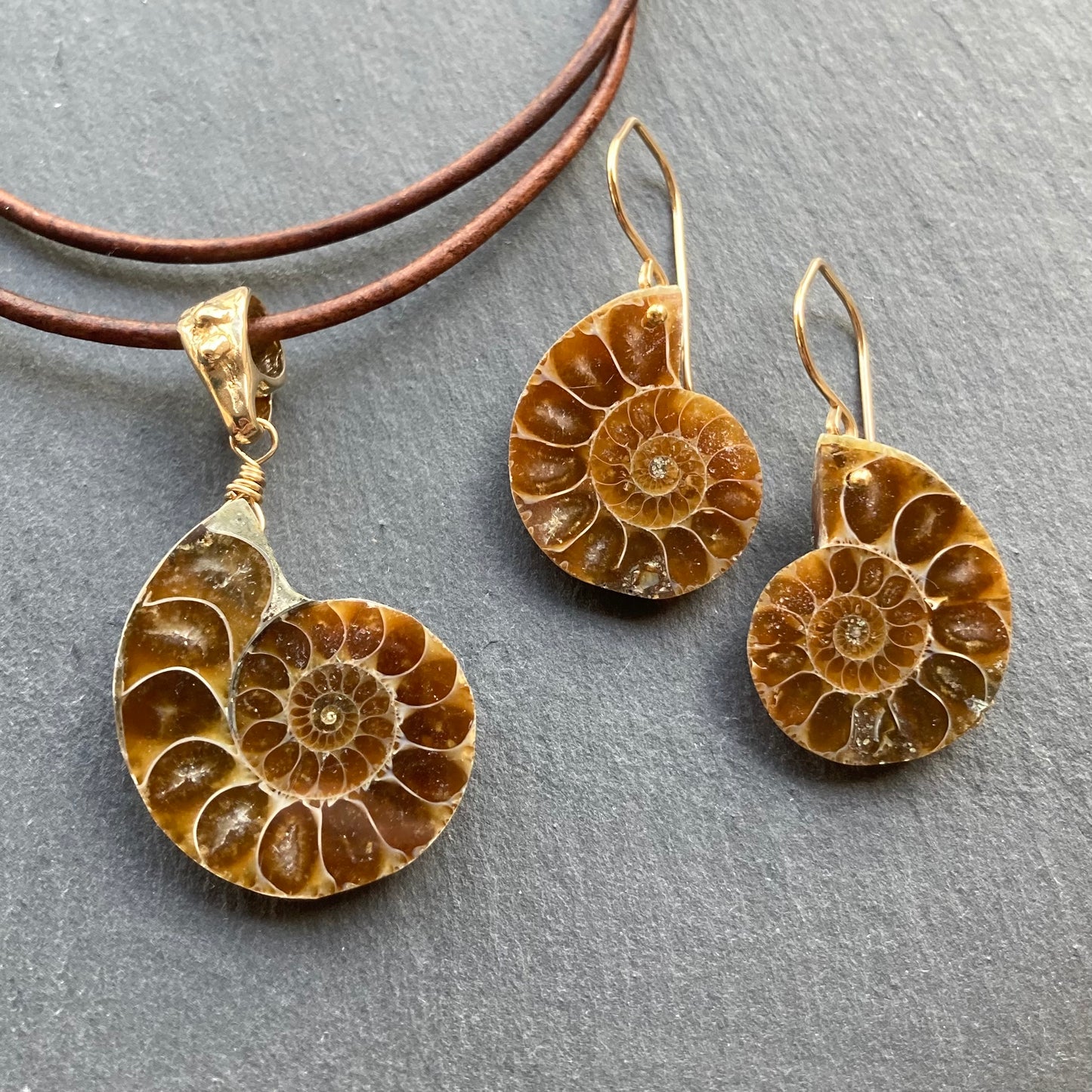 Natural Ammonite & Bronze Leather Choker (right facing)